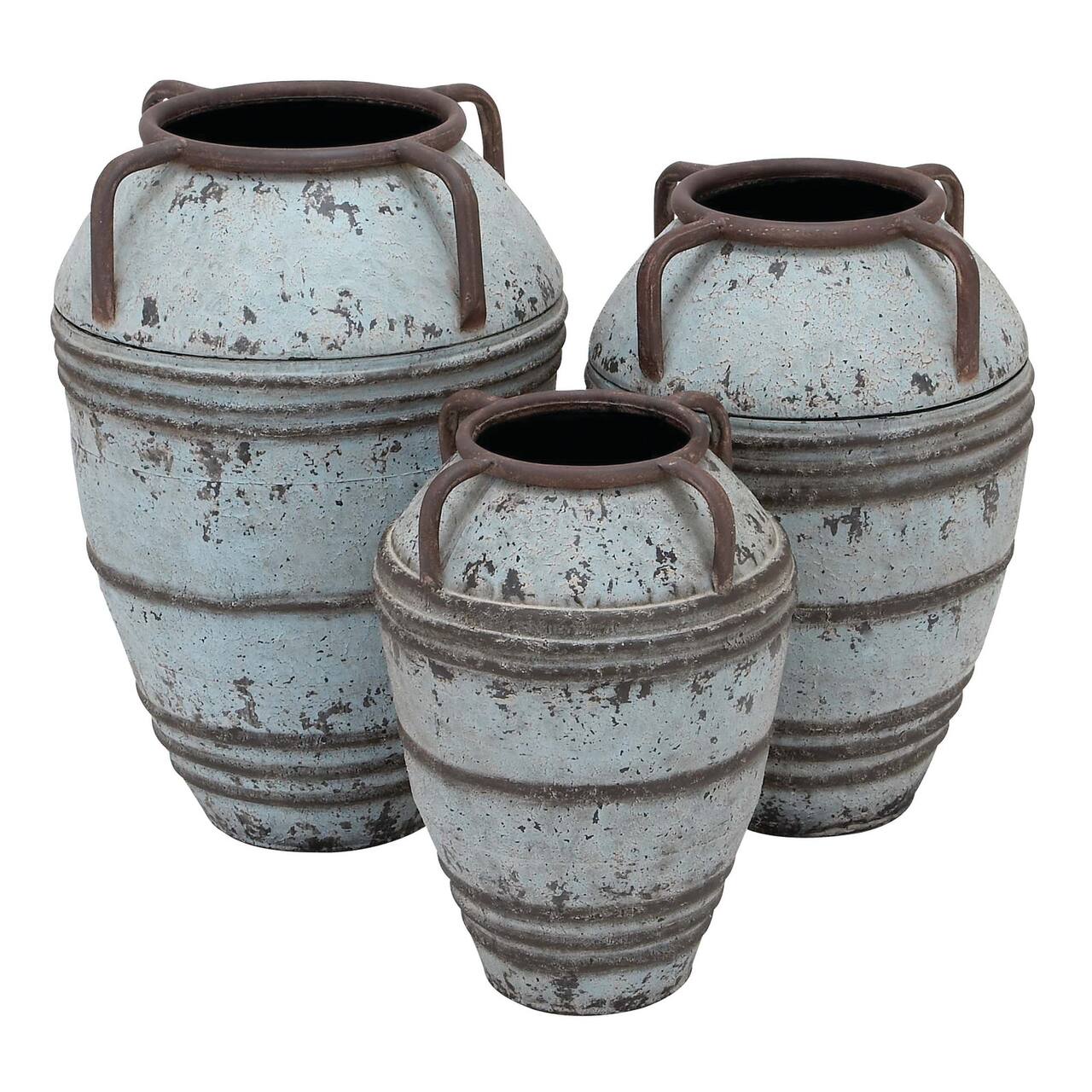 Set of 3 Blue Metal Rustic Vase, 26&#x22;, 23&#x22;, 19&#x22;